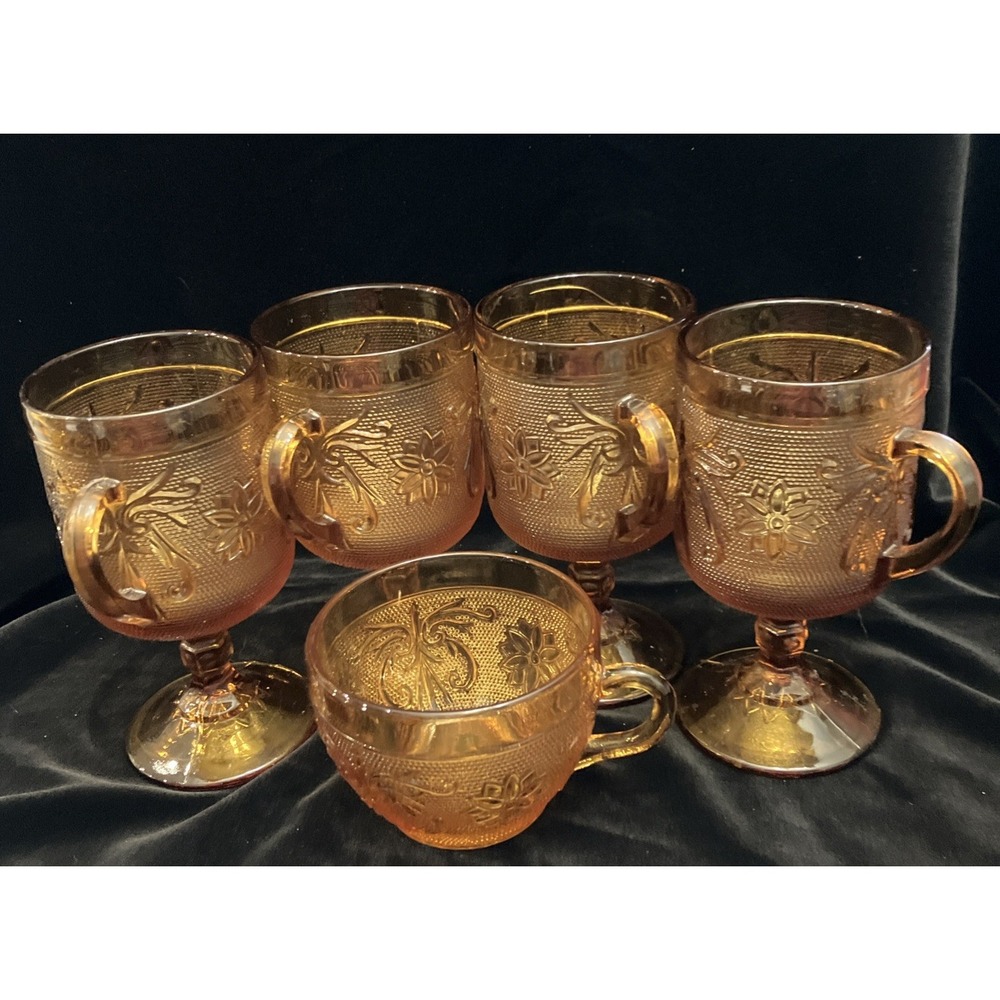 Lot of 5: 4 VTG Amber Tiara Sandwich Indiana Glasses Footed & 1 Punch Cup EAPG